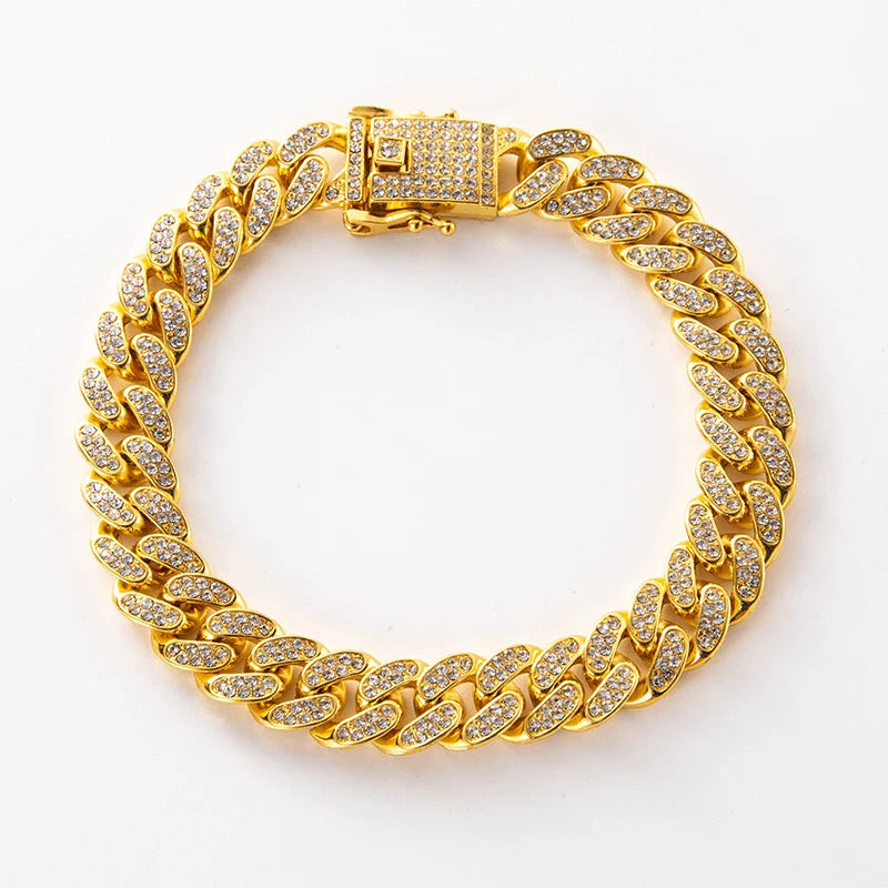 Luxury Hip Hop Dog Collar, Gold Tone Stainless Steel Cuban Chain, Durable Diamond Inlaid Pet Jewelry for Daily Walking
