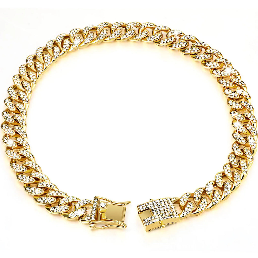 Luxury Hip Hop Dog Collar, Gold Tone Stainless Steel Cuban Chain, Durable Diamond Inlaid Pet Jewelry for Daily Walking