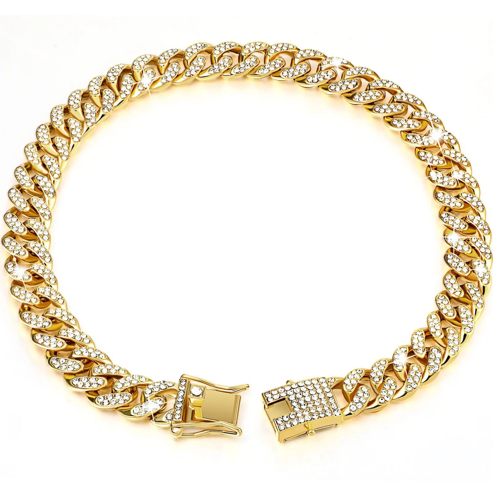 Luxury Hip Hop Dog Collar, Gold Tone Stainless Steel Cuban Chain, Durable Diamond Inlaid Pet Jewelry for Daily Walking